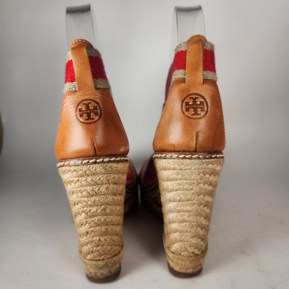 TORY BURCH Women's Adonis Espadrille Sandal Size 5 Red Wedge Leather Made Spain - Picture 6 of 12